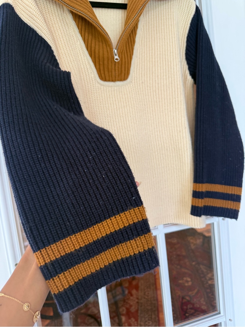 English Factory Colorblock Ribbed Quarter Zip Sweater - Picture 3 of 5